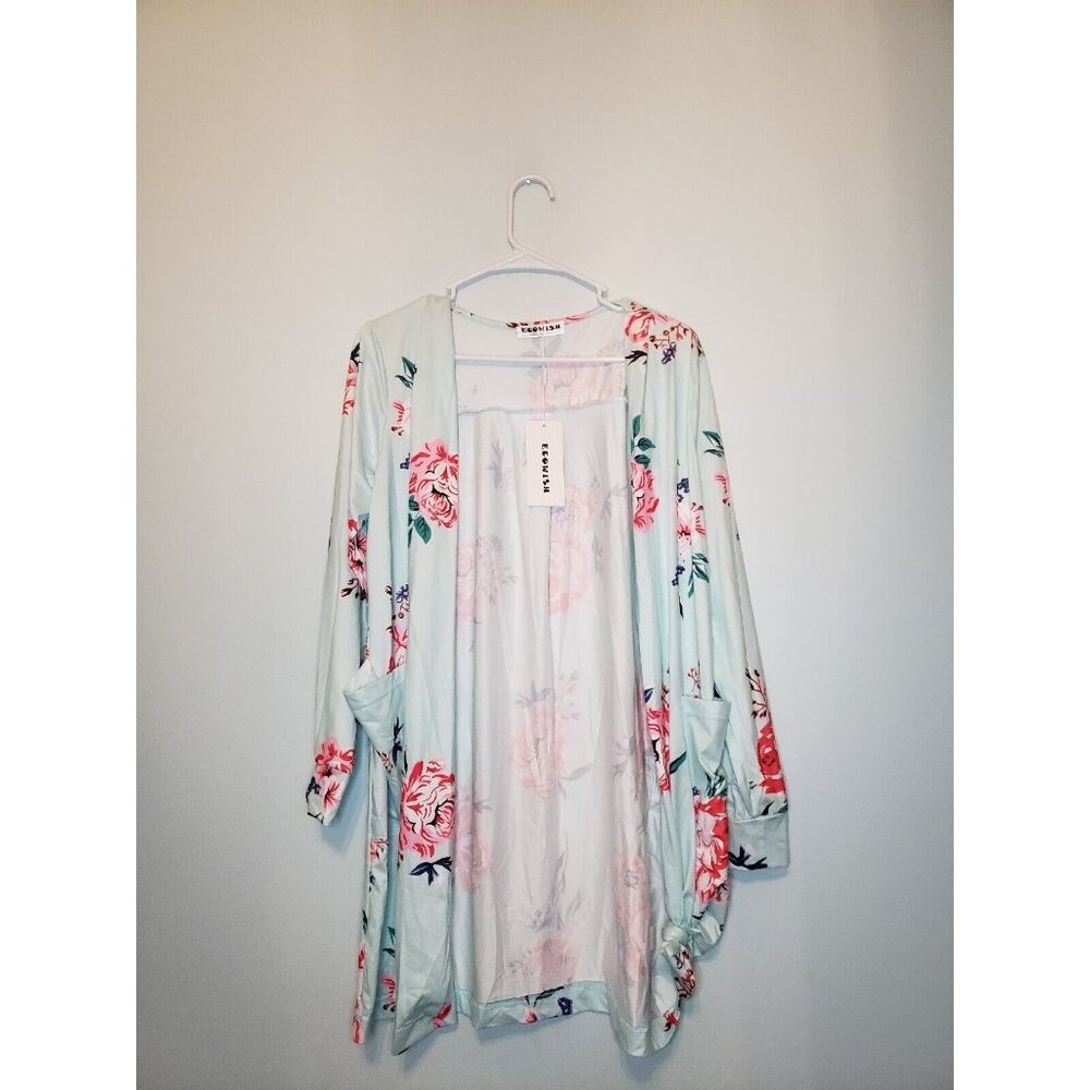 Ecowish Womens Sz S Kimono Duster Long Sleeve Pocket Floral Open Front NWT